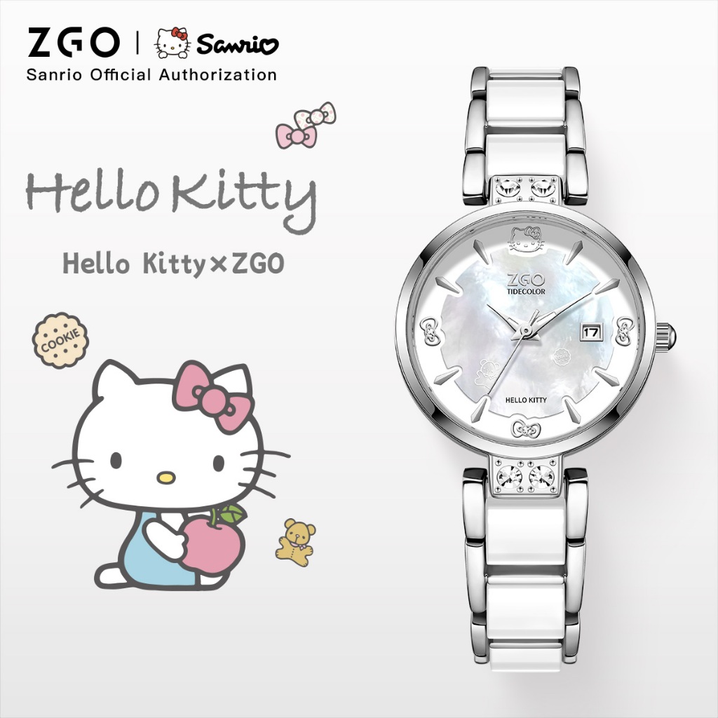 ZGO x Sanrio Hello Kitty นาฬิกาผู้หญิงหรูระดับพรีเมียม ดีไซน์เอกลักษณ์เรโทรแอนิเมชั่น แสงเรืองแสงในที่มืด 2186