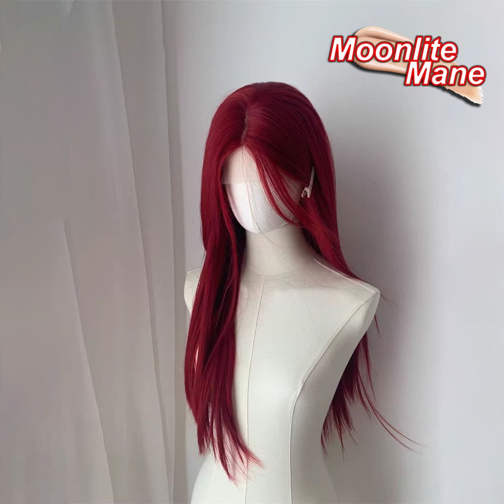 Cinnabar Mole Sea King วิกผมสีแดงหญิงเต็มหมวกหน้าผากลูกไม้กลางแยก Bangs ผมยาวตรง Universal cos