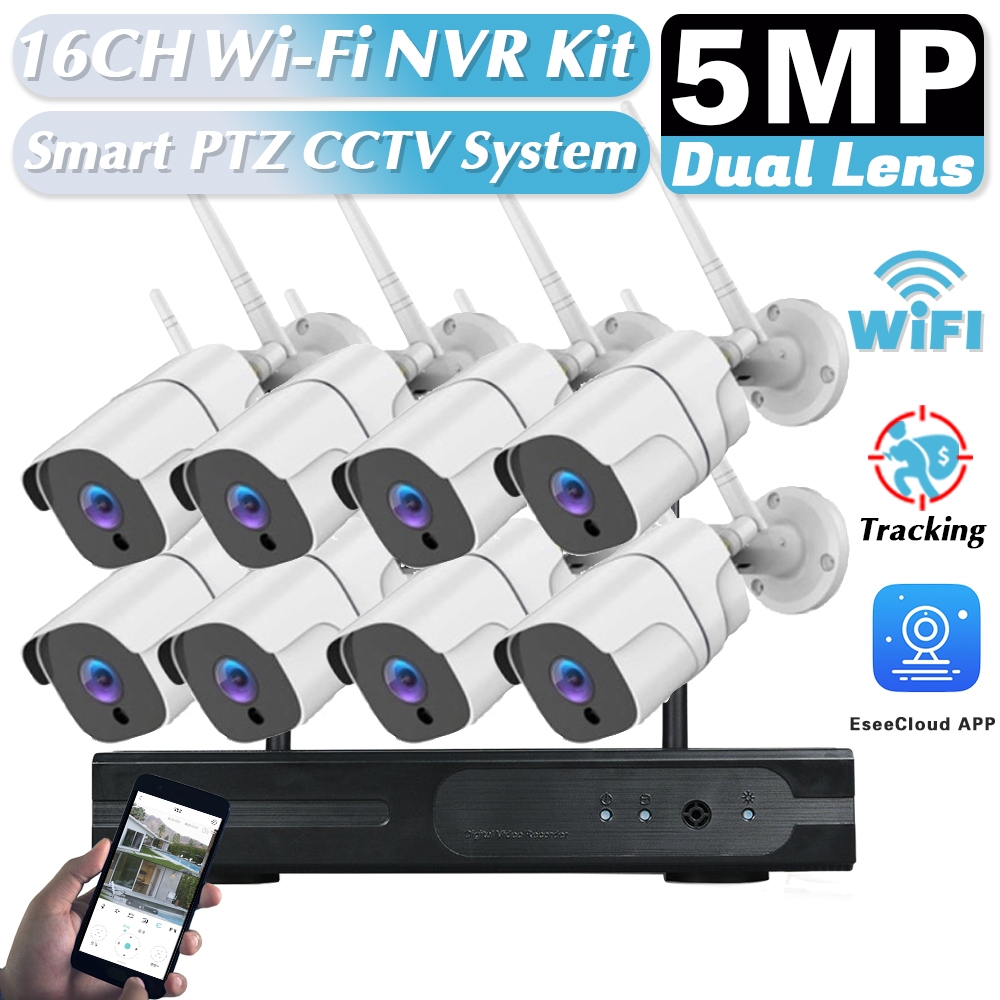 [NINIVISION] ชุดอุปกรณ์ WiFi NVR 16CH 5MP - กล้องวงจรปิดกลางแจ้ง, IP66, การตรวจจับอัจฉริยะ, การมองเห