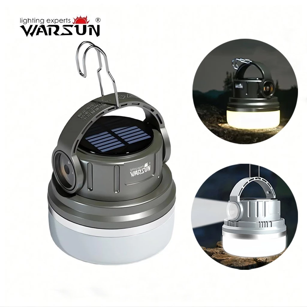 Warsun ES06 โคมไฟแคมป์ปิ้ง USB-C ชาร์จพลังงานแสงอาทิตย์ มีตะขอ พกพาง่าย