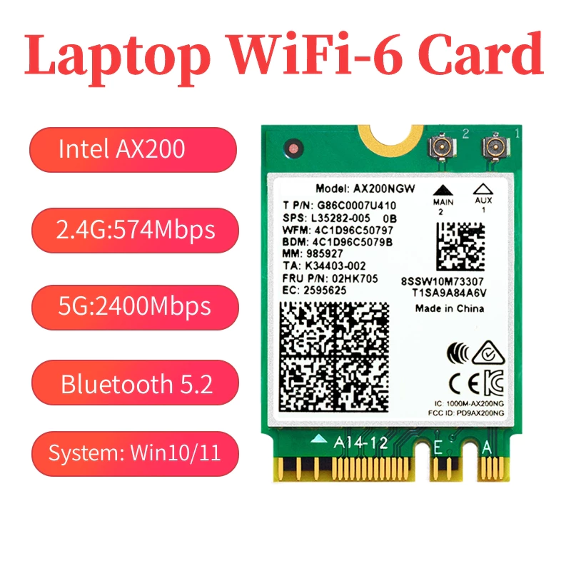 Intel AX200NGW บัตร WiFi2974Mbps อะแดปเตอร์ WiFi แล็ปท็อป M.2 WiFi6 บัตรเครือข่ายไร้สาย Bluetooth5.2