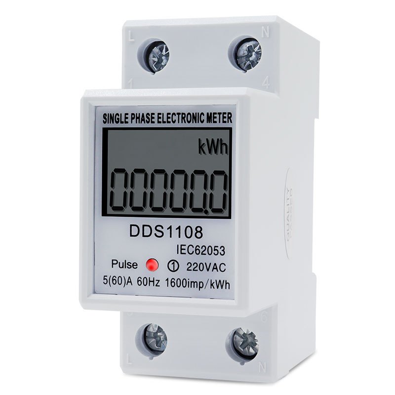 LCD เครื่องวัดพลังงานไฟฟ้าเฟสเดียว KWH AC Digital Watt-Hour Meter 220V 60A 50Hz ราง Din ไฟฟ้า