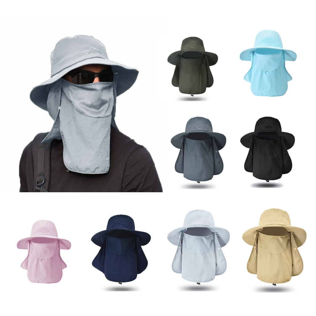 หมวกปีกกว้าง UPF 50+ กลางแจ้งพร้อมผ้าคลุมหน้าและพนังคอ