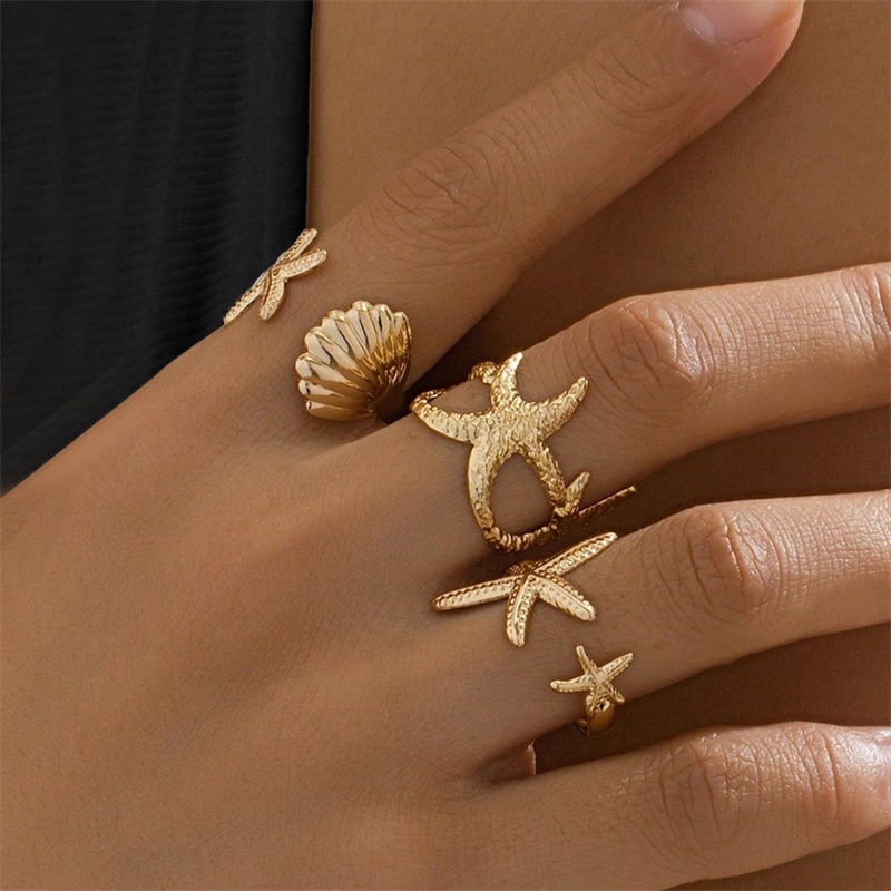 Chuya Vacation Style Shell Starfish Ring - เปิดของขวัญวันหยุดแบบปรับได้
