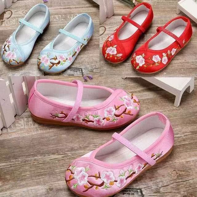 หญิง/ผู้ใหญ่รองเท้าปักเด็กทําด้วยมือ ฮันฟู รองเท้าสไตล์ชาติพันธุ์เสื้อผ้าโบราณแบบดั้งเดิมนักเรียนจีนเต้นรําเย็บปักถักร้อยรองเท้านุ - รูปที่ 2