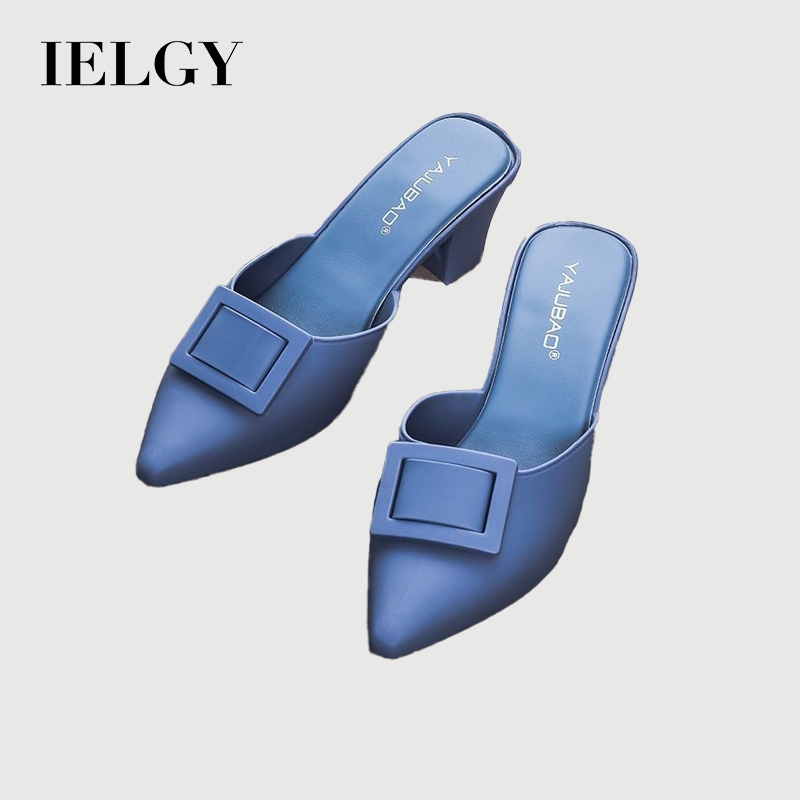 IELGY เป่าโถว รองเท้าแตะบล็อกส้นแฟชั่นสุภาพสตรีสแควร์หัวเข็มขัดคนขี้เกียจสวมล่อกึ่งลากนอก