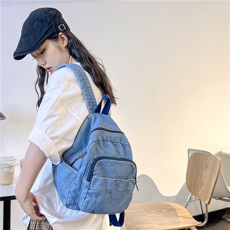 [กรุงเทพฯ เดลิเวอรี่]✿กระเป๋าผ้า กระเป๋าเป้✿Double Shoulder Denim Retro All-Match ความจุขนาดใหญ่ Casual