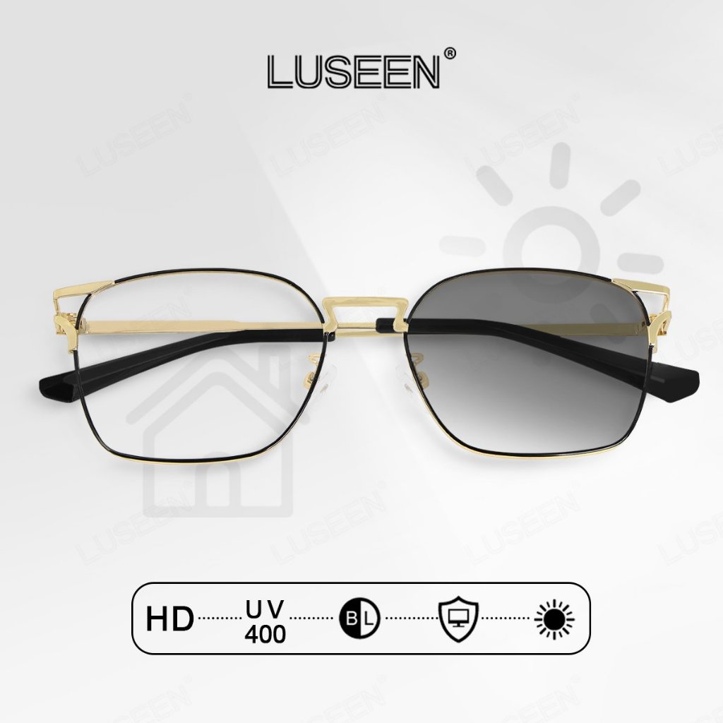 LUSEEN แว่นตากรองแสงเปลี่ยนสี เลนส์กันแสงสีฟ้า กรอบทรงสี่เหลี่ยม สำหรับผู้ชายและผู้หญิง แว่นตายูนิเซ