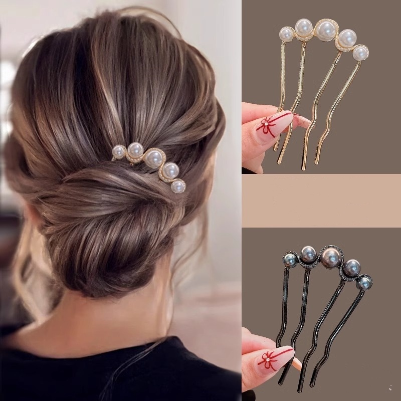 Rhinestone Pearl Four-ฟันหวีแผ่นผมคงที่U-Shaped Hairpin HairpinหวีผมหญิงHeaddress