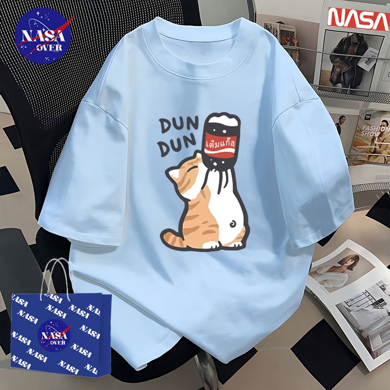 NASA สไตล์เกาหลีแฟชั่น เสื้อยืดผู้หญิงโอเวอร์ไซส์ลายแมวดื่มโค้กผ้าฝ้ายแขนสั้นคอกลม เสื้อผู้หญิงYG60