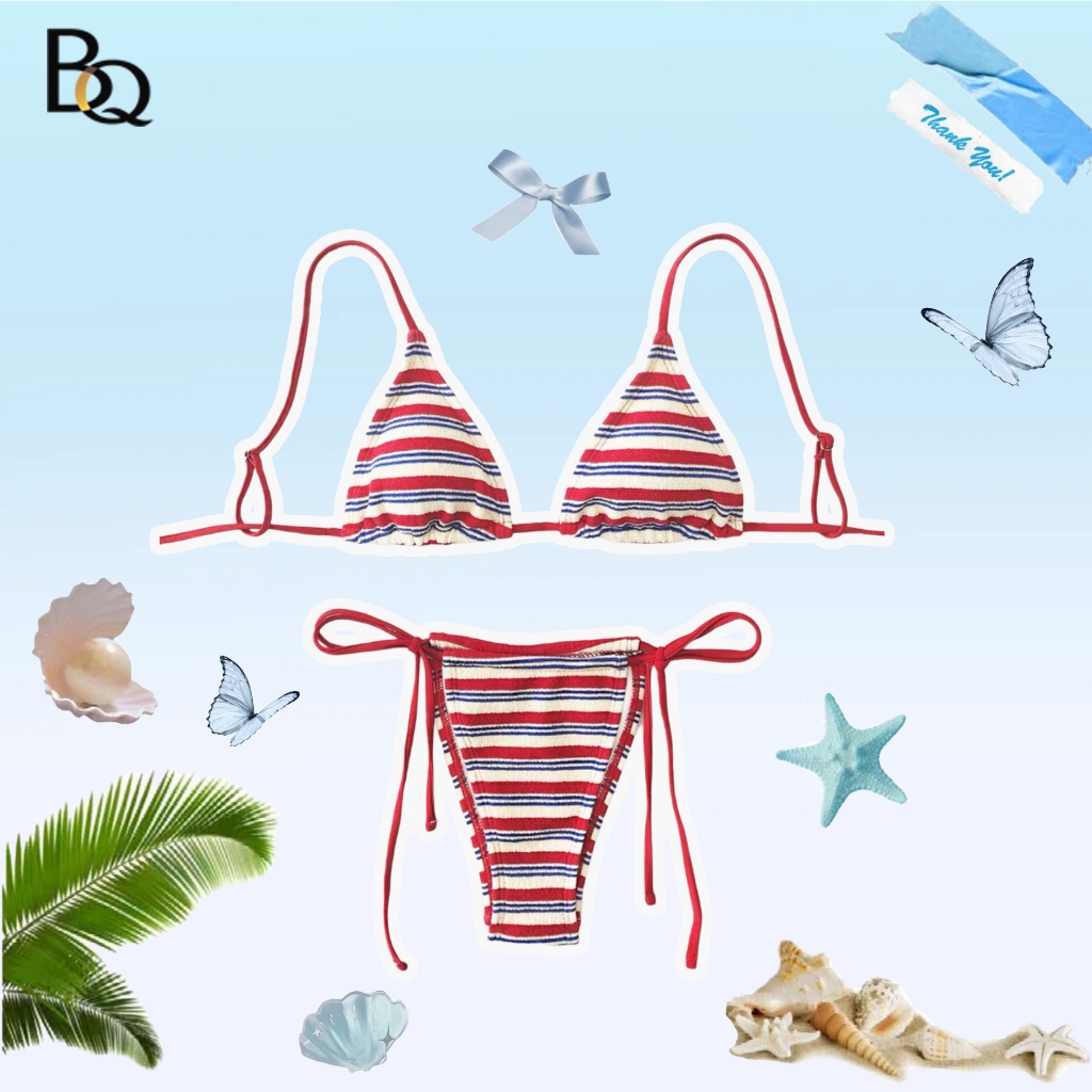 🤍Bra Queen🤍Sexy bikini บิกินี่ลายทางแดงสลับขาวน้ำเงิน  โชว์หลัง สไตล์เซ็กซี่ ชุดว่ายน้ำ