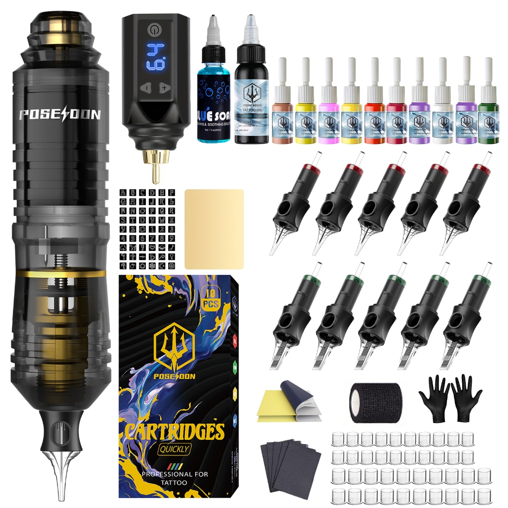 Poseidon Professional Tattoo Kit - ปากกาสักพร้อมแหล่งจ่ายไฟไร้สาย 1500mAh และเข็มสัก 10 ชิ้นสําหรับผู้เริ่มต้นและศิลปิน