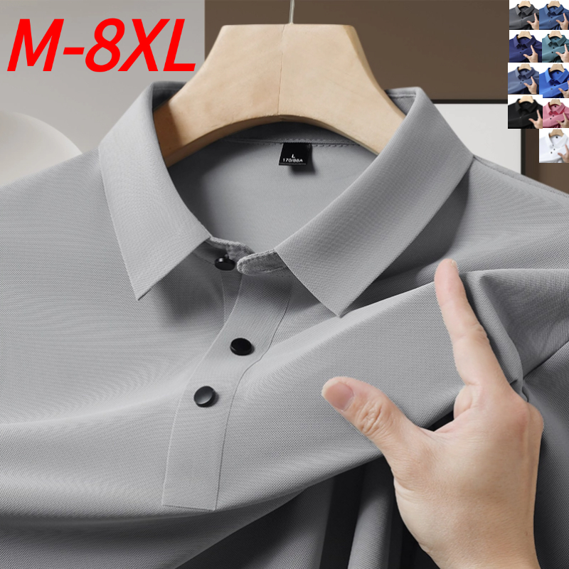 10 สี M-8XL ฤดูร้อนผ้าไหมน้ําแข็ง Quick-Drying แขนสั้นขนาดใหญ่เสื้อโปโลผู้ชาย Cool Breathable ยืดหยุ่นสูงเสื้อยืด