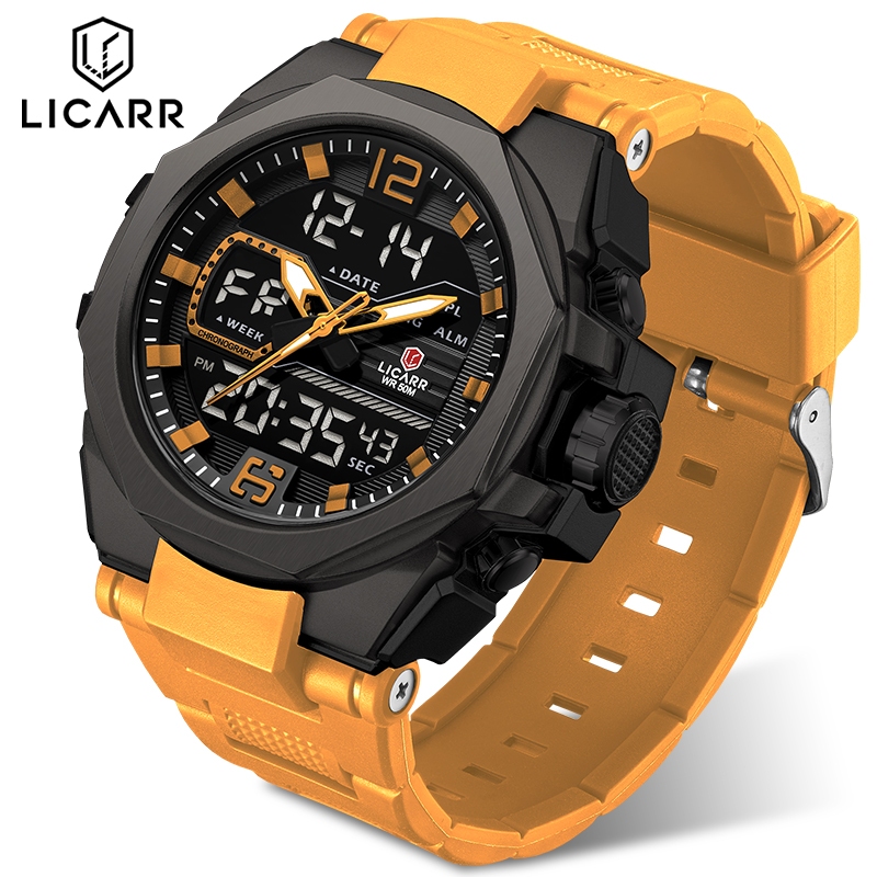 ลิคาร์ แบรนด์ชั้นนําแฟชั่นนาฬิกาผู้ชายปลุกปฏิทินแสงจอแสดงผลคู่กีฬากันน้ํานับถอยหลัง9542