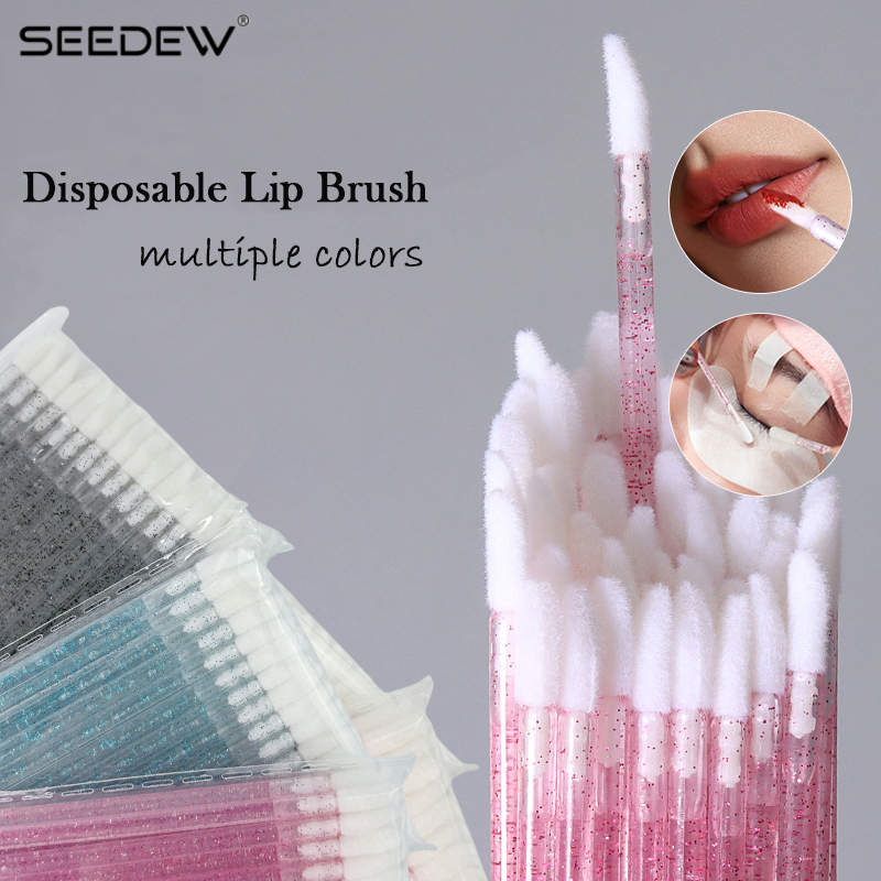 Seedew 50 ชิ้น Plush Lip Brush Stick แบบพกพาคริสตัลโปร่งใส Rod Disposable Applicator แปรง