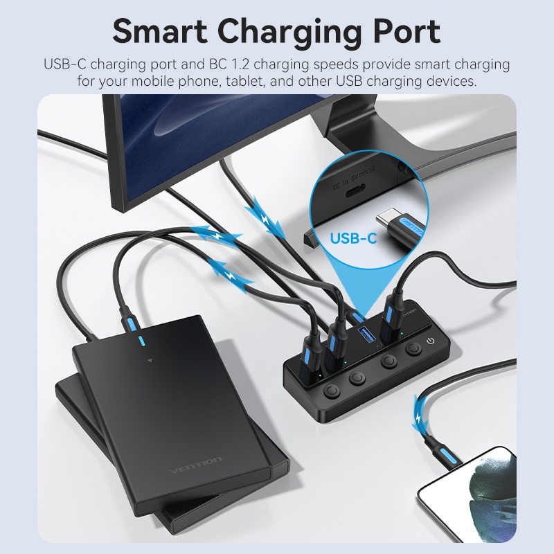 Vention ฮับ USB ความเร็วสูง 4 พอร์ต 100 ซม. สายเคเบิลข้อมูล