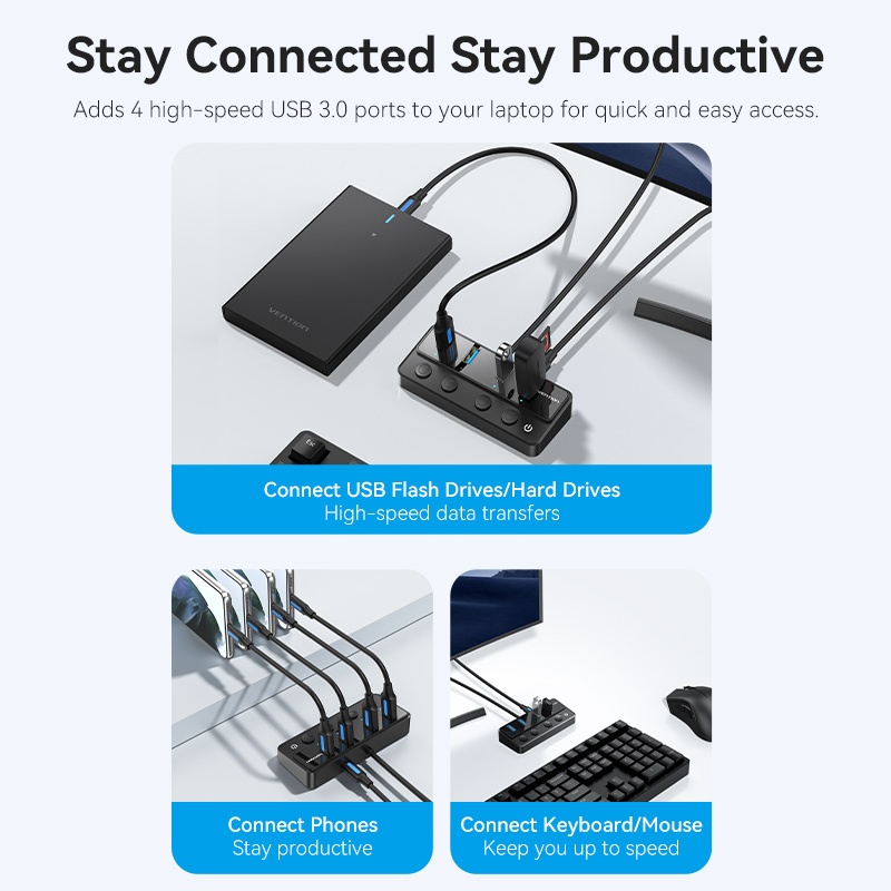 Vention ฮับ USB ความเร็วสูง 4 พอร์ต 100 ซม. สายเคเบิลข้อมูล