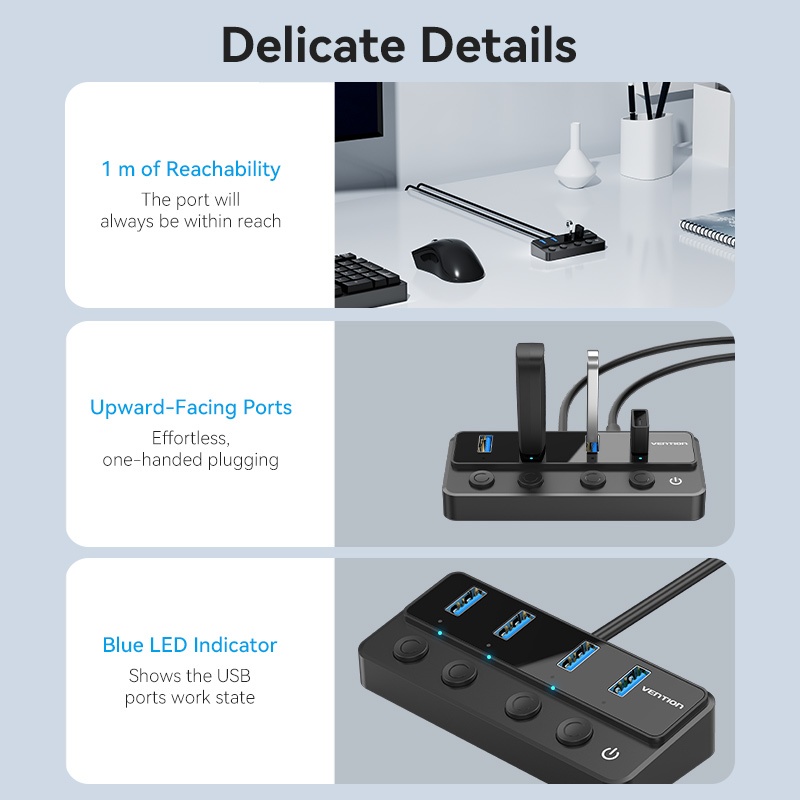 Vention ฮับ USB ความเร็วสูง 4 พอร์ต 100 ซม. สายเคเบิลข้อมูล