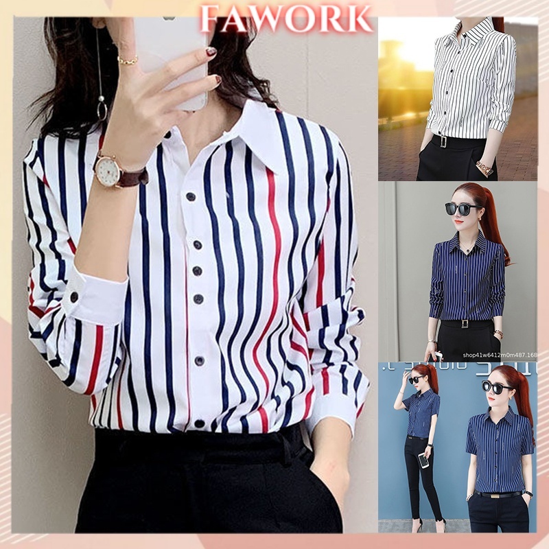 เสื้อเบลาส์ลายทางแขนยาวผู้หญิง,เสื้อเชิ้ตคอปกปกปุ่มหรูหราสําหรับสวมใส่ร่วมธุรกิจ