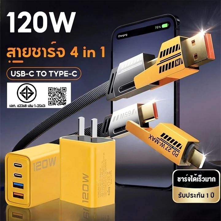 120W หัวชาร์จ 2PD+2USB Quick Charge สำหรับ iPhone และ Type-C