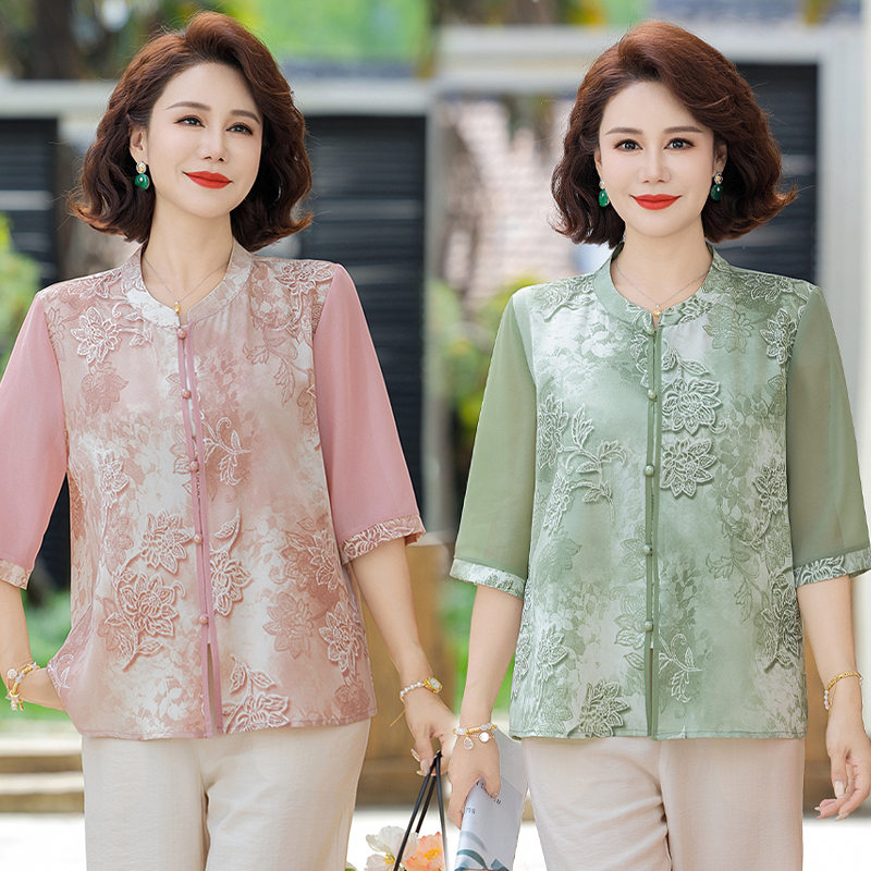 ผู้หญิงวัยกลางคนเสื้อผ้าเสื้อจีนผู้หญิงชีฟอง HanFu โมเดิร์น Qipao Top เครื่องแต่งกายแบบดั้งเดิมแขนสั