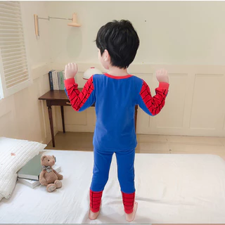 ชุดนอนเด็กผ้าฝ้าย Spider-Man ชุดบางสองชิ้นแขนยาวสวมใส่ในบ้านพิมพ์ Breathable Loose Fit เสื้อผ้าเด็กผู้ชาย