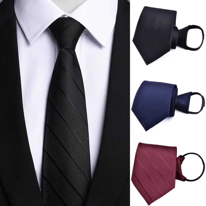 ผู้ชายซิป Tie ธุรกิจ Bridegroom สีดํางานแต่งงานแฟชั่นเกาหลี Stripe Slackers NeckTie
