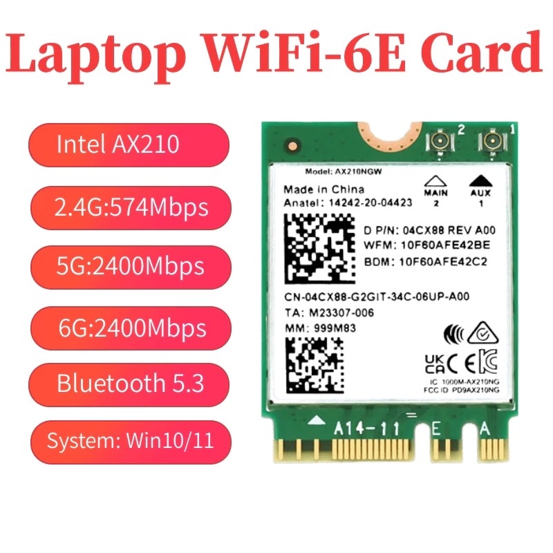 อะแดปเตอร์ Intel AX210 5374Mbps แล็ปท็อป M.2 WiFi 6E การ์ดเครือข่ายไร้สายบลูทูธ 5.3