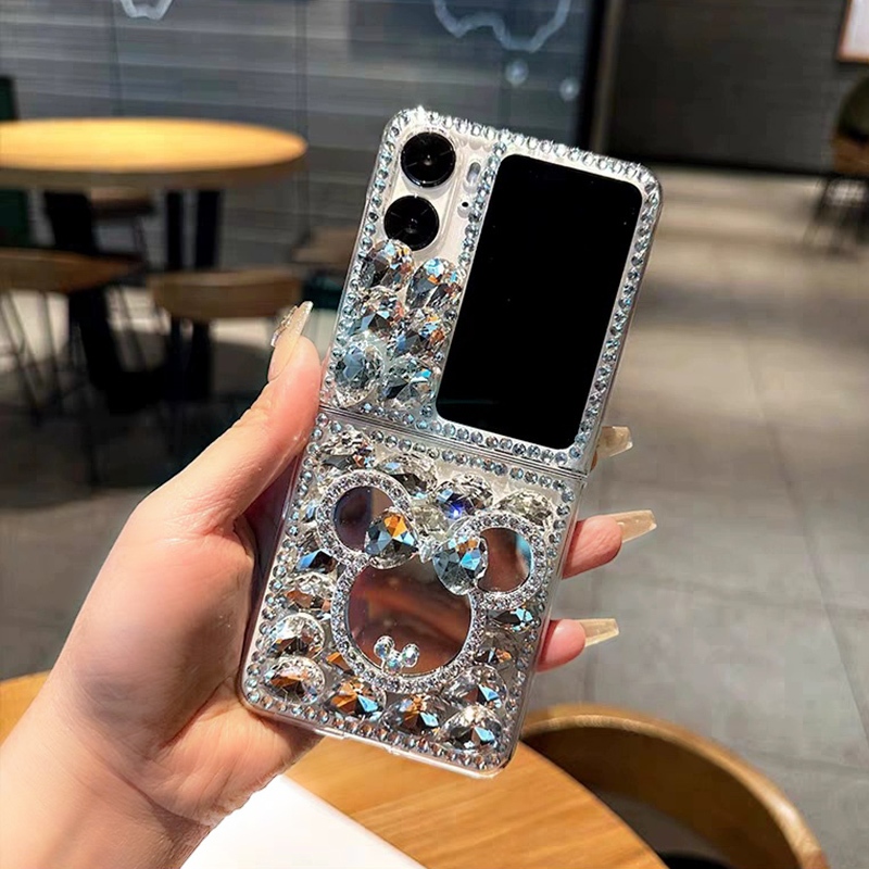 ปลอกสําหรับ OPPO Find N3 Flip Cover Find N2 Flip Phone Case น่ารัก Make-up Mirror Glitter Diamond Crystal Stone DIY Cases