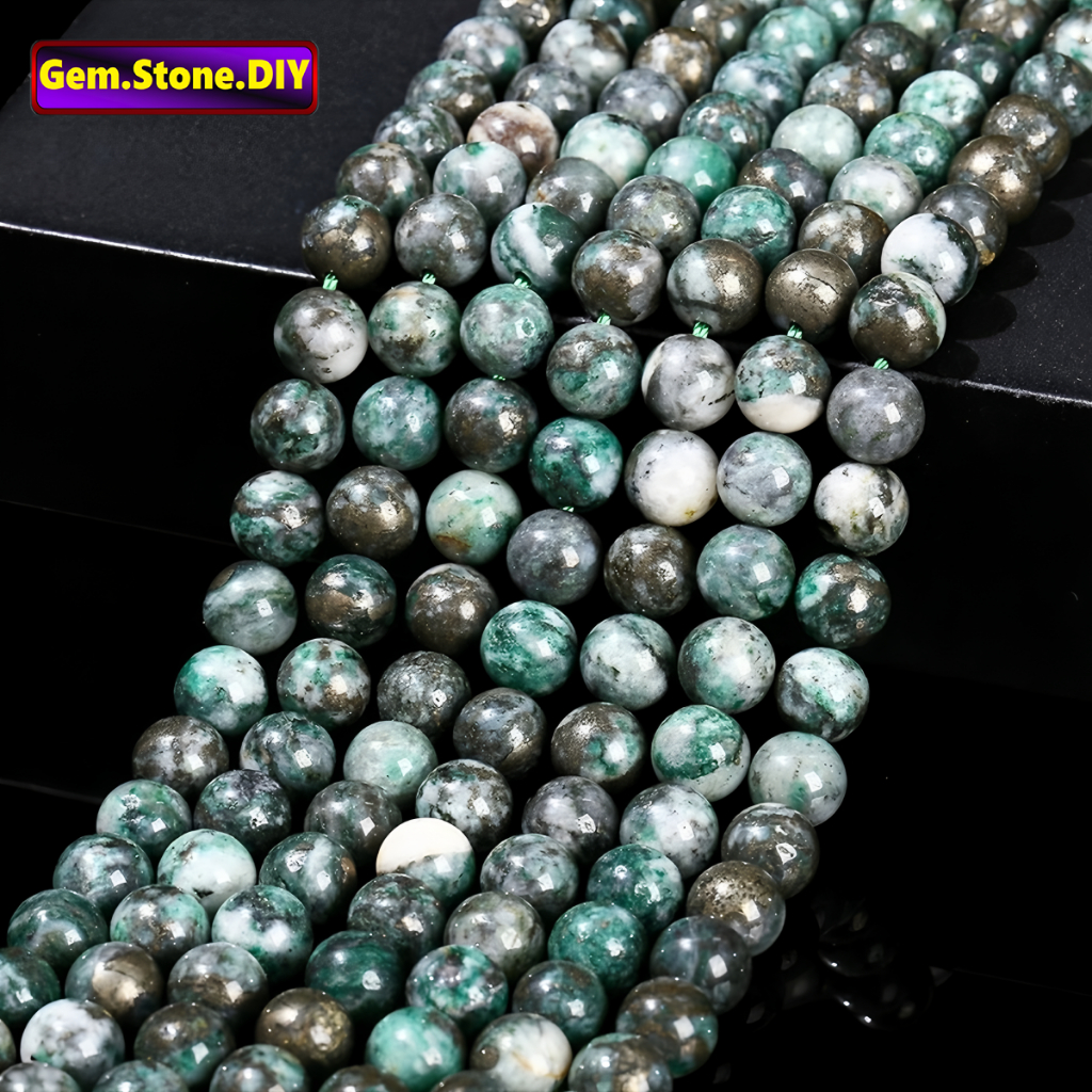 Pyrite In Jade（Green Pyrite）Natural Stone，Loose Bead ไพไรต์ในหยก(สีเขียว ไพไรต์)หินธรรมชาติ,หลวมลูกป