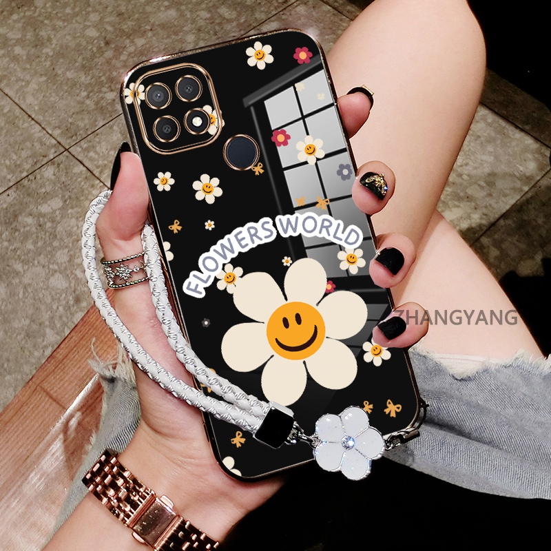 กรณีสําหรับ OPPO A15 A15S ซิลิโคนไฟฟ้าเคสโทรศัพท์ความงามการ์ตูนดอกทานตะวันรูปแบบหน้ายิ้มและออกแบบใหม่ TPU soft case ฟรีเชือก