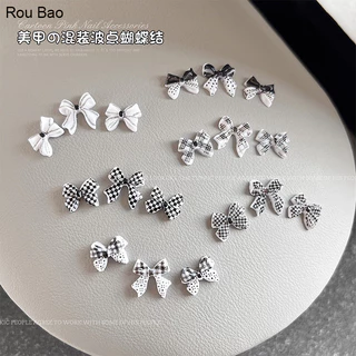 Rou Bao 50 ชิ้นเล็บผสมสีดําสีขาว Checkered Bow Girly เรซิ่นเล็บ Art DIY Charms ตกแต่ง