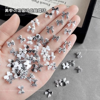 Rou Bao 50 ชิ้นเล็บผสมสีดําสีขาว Checkered Bow Girly เรซิ่นเล็บ Art DIY Charms ตกแต่ง