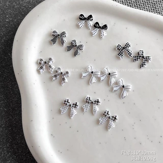 Rou Bao 50 ชิ้นเล็บผสมสีดําสีขาว Checkered Bow Girly เรซิ่นเล็บ Art DIY Charms ตกแต่ง
