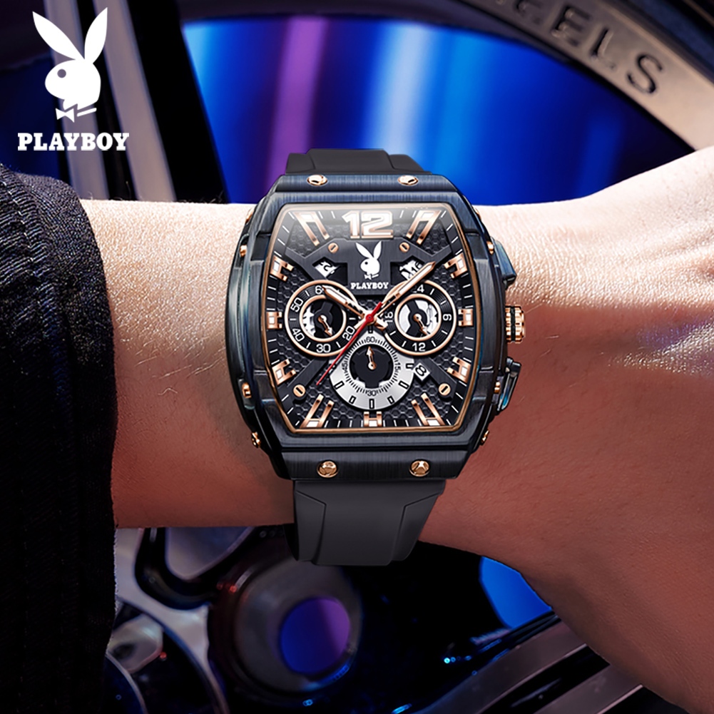 PLAYBOY นาฬิกาข้อมือผู้ชาย สไตล์สปอร์ต ควอตซ์ หรูหรา โครโนกราฟ หน้าต่างแสดงวันที่ กันน้ำ เรืองแสง 3075
