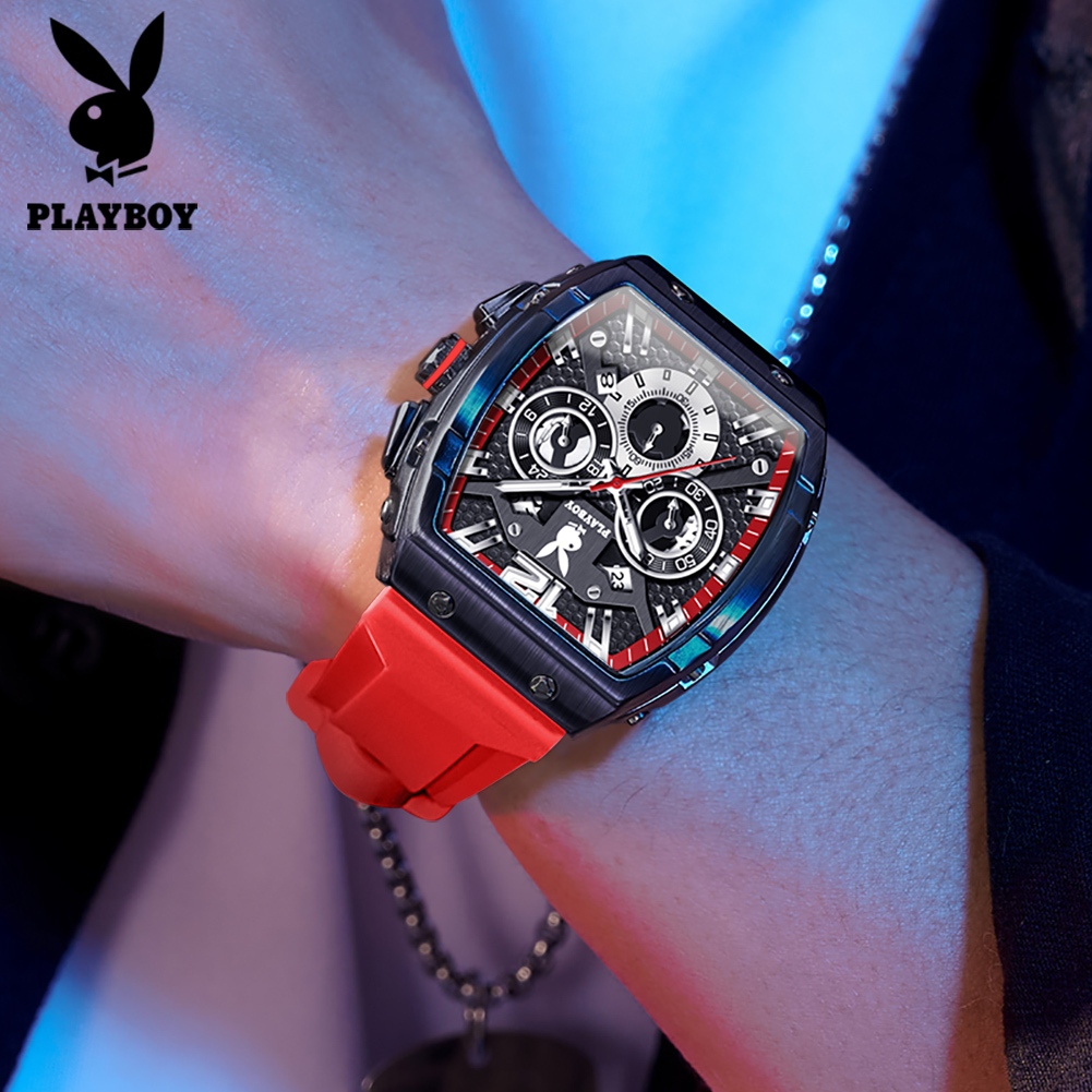 PLAYBOY นาฬิกาข้อมือผู้ชาย สไตล์สปอร์ต ควอตซ์ หรูหรา โครโนกราฟ หน้าต่างแสดงวันที่ กันน้ำ เรืองแสง 3075