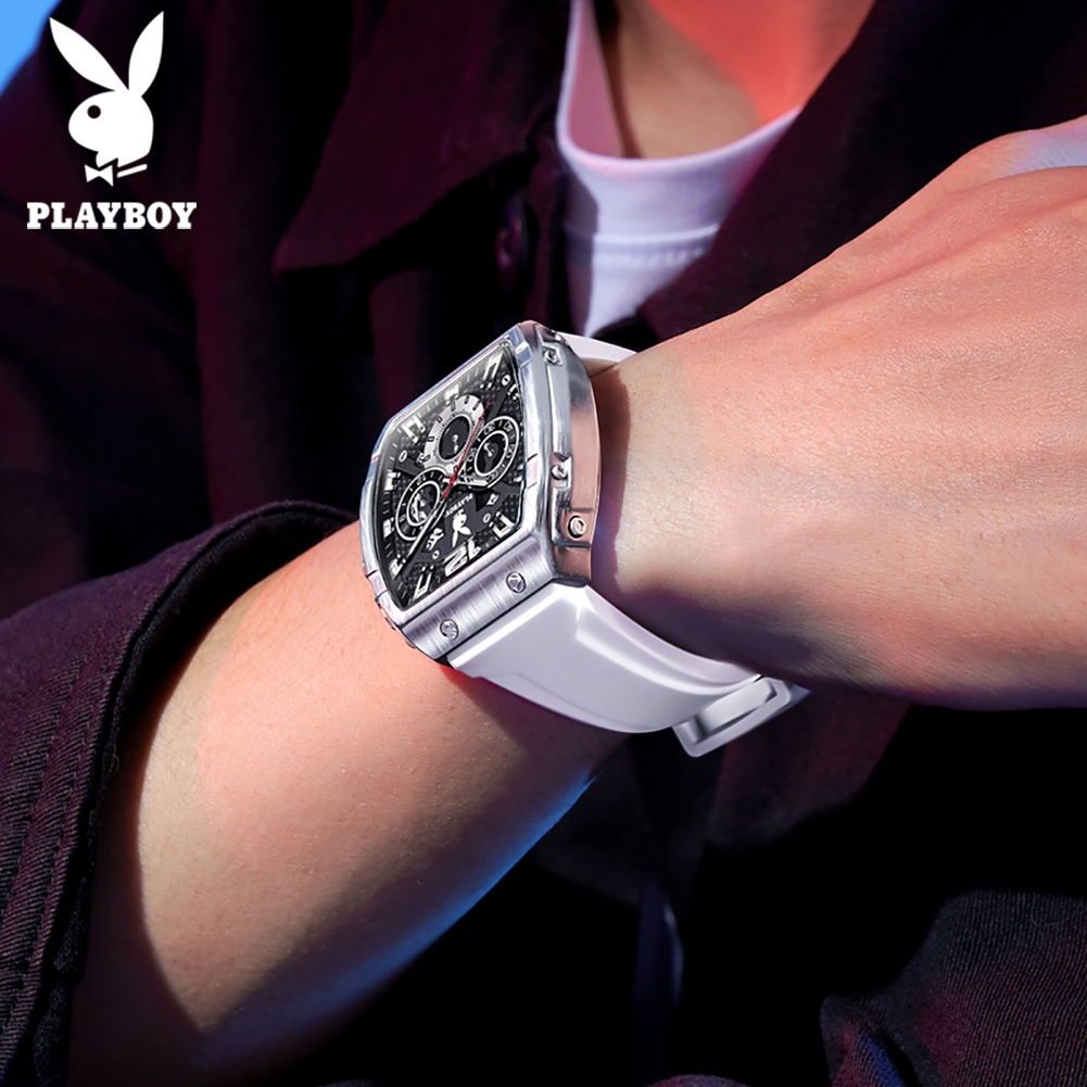 PLAYBOY นาฬิกาข้อมือผู้ชาย สไตล์สปอร์ต ควอตซ์ หรูหรา โครโนกราฟ หน้าต่างแสดงวันที่ กันน้ำ เรืองแสง 3075