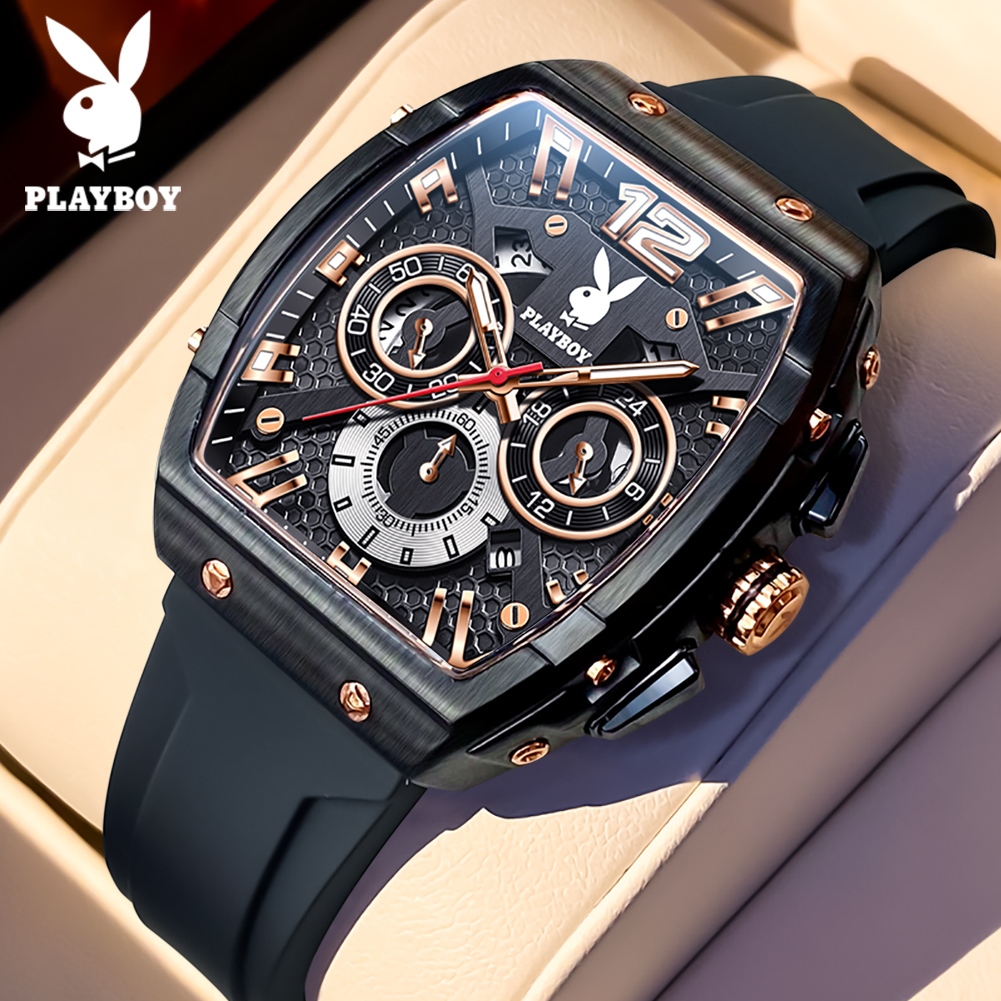 PLAYBOY นาฬิกาข้อมือผู้ชาย สไตล์สปอร์ต ควอตซ์ หรูหรา โครโนกราฟ หน้าต่างแสดงวันที่ กันน้ำ เรืองแสง 3075