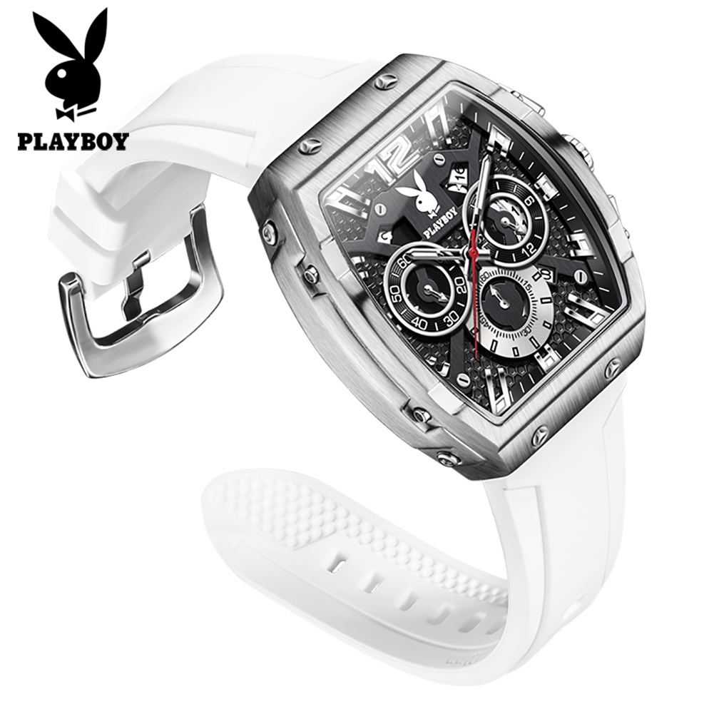 PLAYBOY นาฬิกาข้อมือผู้ชาย สไตล์สปอร์ต ควอตซ์ หรูหรา โครโนกราฟ หน้าต่างแสดงวันที่ กันน้ำ เรืองแสง 3075