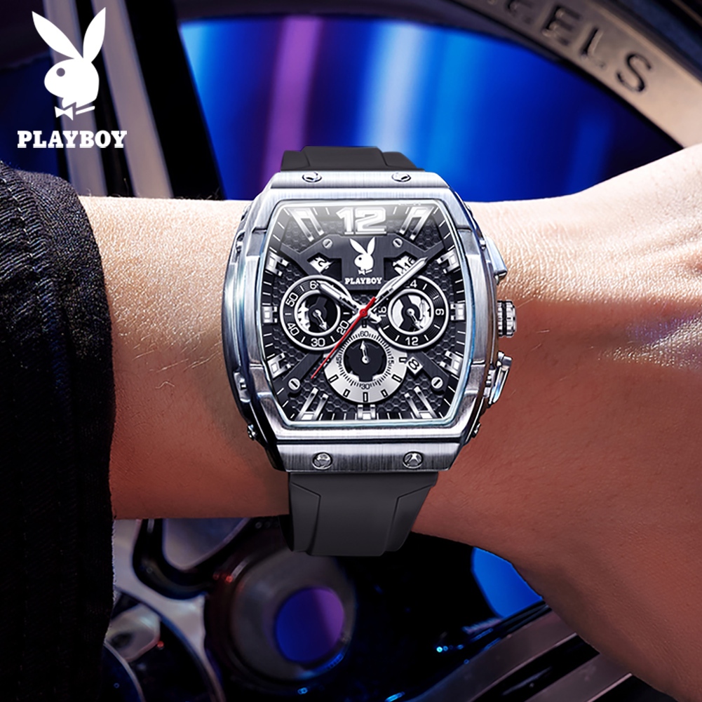 PLAYBOY นาฬิกาข้อมือผู้ชาย สไตล์สปอร์ต ควอตซ์ หรูหรา โครโนกราฟ หน้าต่างแสดงวันที่ กันน้ำ เรืองแสง 3075