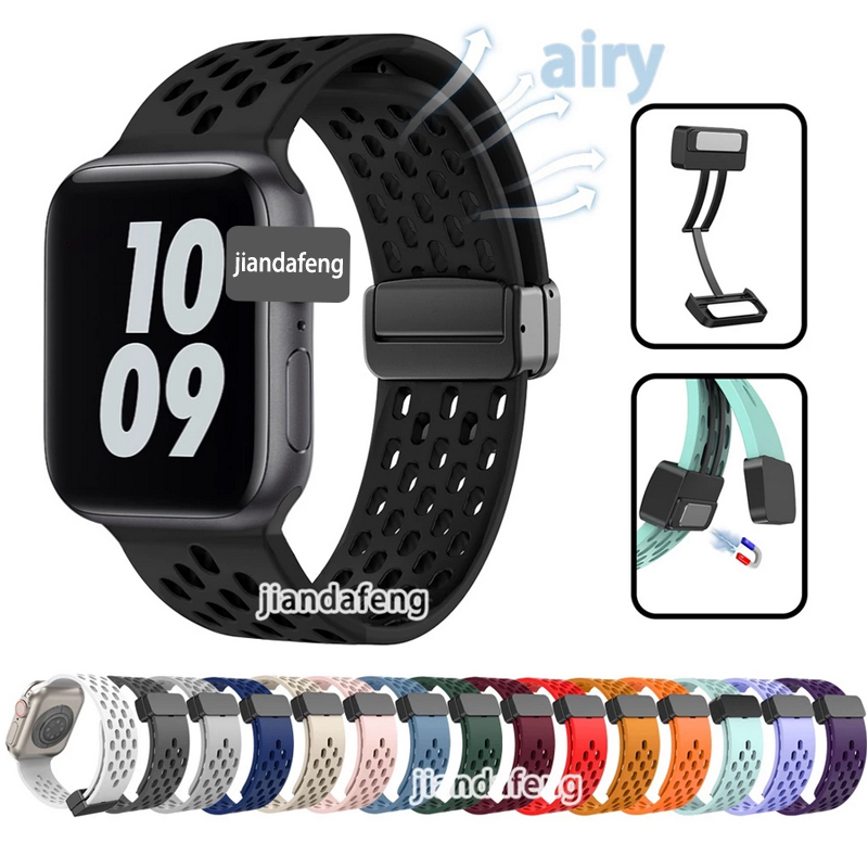 สายรัดระบายอากาศ รู D หัวเข็มขัด กีฬา แถบแม่เหล็ก สายซิลิโคนอ่อน สำหรับ Apple Smartwatch Series 11 10 9 8 7 SE 6 5 4 3 iWatch Ultra 40 44 41 45 49 มม.