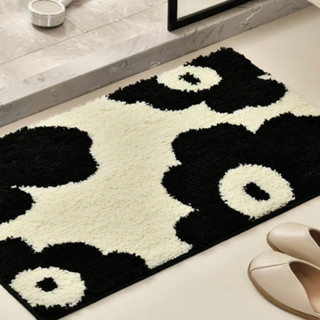 พรมเช็ดเท้า ห้องน้ํา วัสดุแคชเมียร์สามมิติ สไตล์ดอกไม้ขาวดำเ…