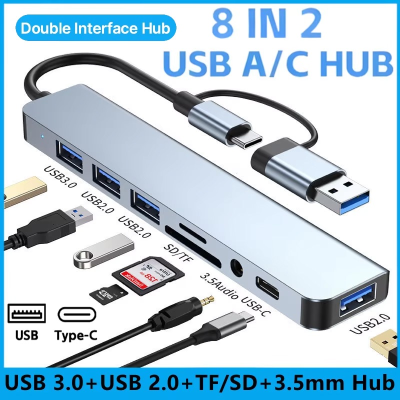 8 in 2 USB C HUB Splitter อะแดปเตอร์เครื่องอ่านการ์ดความเร็วสูงประเภท C ถึง USB OTG HUB Dock Station อะแดปเตอร์สําหรับ PC คอมพิวเตอร์อุปกรณ์เสริม