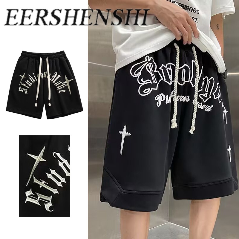 Ershenshi กางเกงขาสั้นปัก Gothic Lettered สีดํา S-3XL