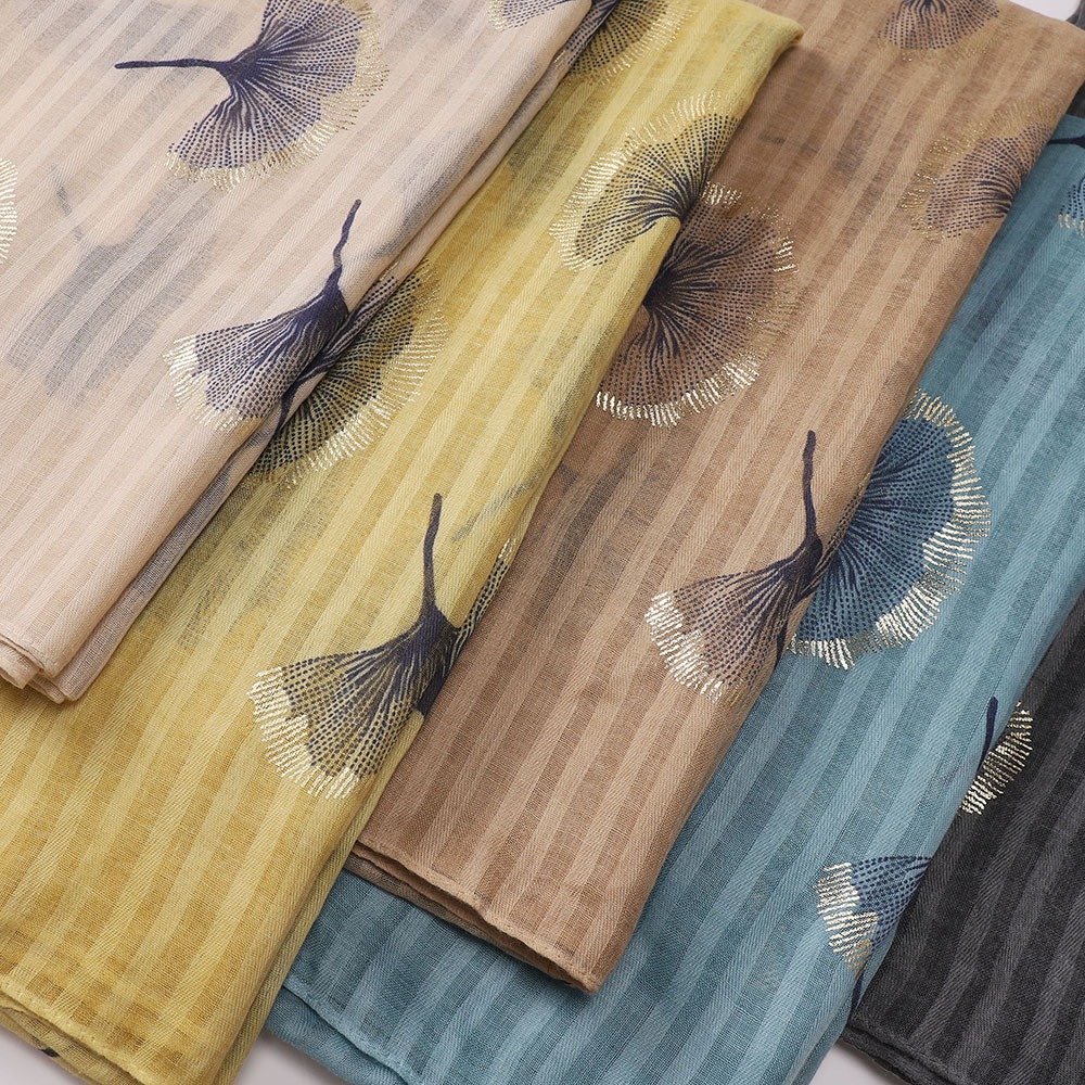 Jifang ปั๊มทอง Ginkgo Leaf พิมพ์ลายลายผ้าฝ้ายผ้าลินินผ้าคลุมไหล่ Pashmina ผ้าพันคอ Raya มุสลิม Hijab PW50 - รูปที่ 6