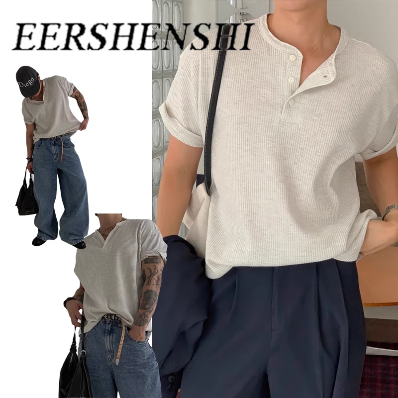 Eershenshi เสื้อยืดลําลองสําหรับทั้งชายและหญิงพร้อมคอ Henley และแขนสั้น