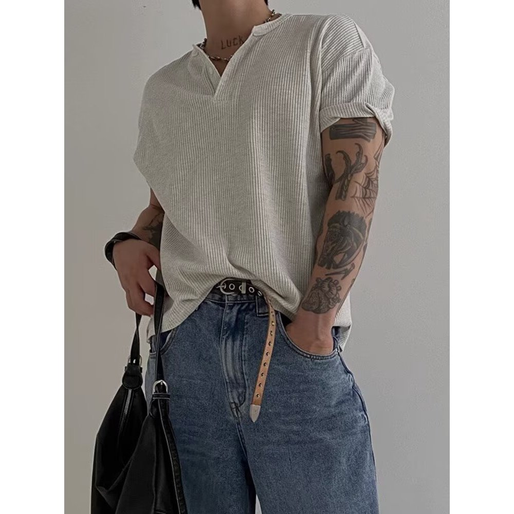 Eershenshi เสื้อยืดลําลองสําหรับทั้งชายและหญิงพร้อมคอ Henley และแขนสั้น - รูปที่ 3