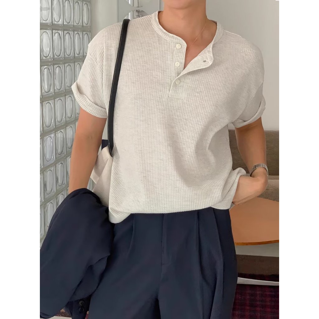 Eershenshi เสื้อยืดลําลองสําหรับทั้งชายและหญิงพร้อมคอ Henley และแขนสั้น - รูปที่ 5