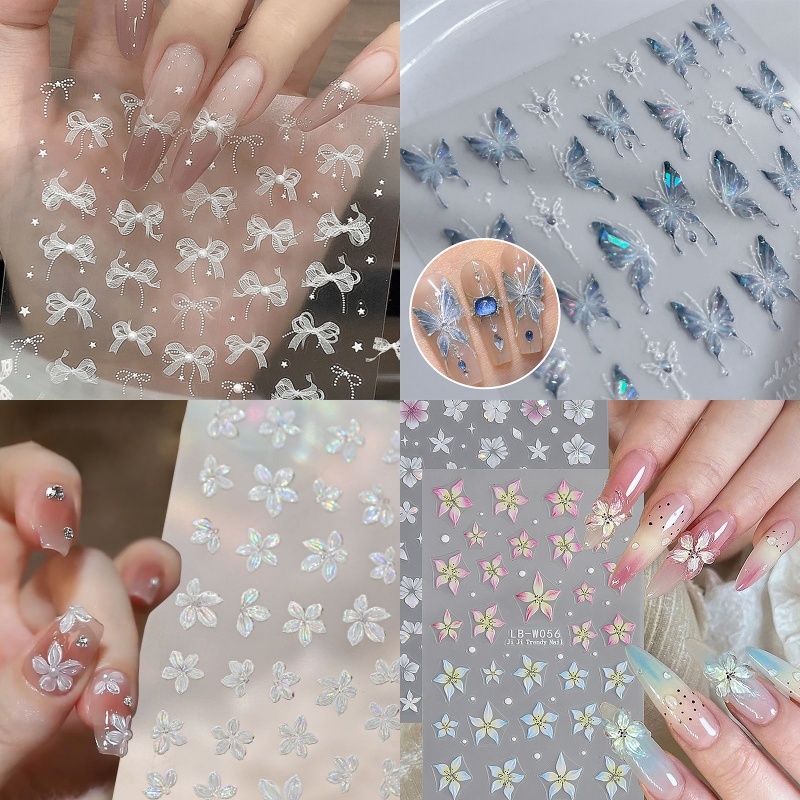 Annapink.th เพิร์ลลูกไม้โบว์รูปร่างเล็บสติกเกอร์เพชรบรรเทารูปลอกเพิ่มประสิทธิภาพกาวสติกเกอร์สามมิติ DIY EN