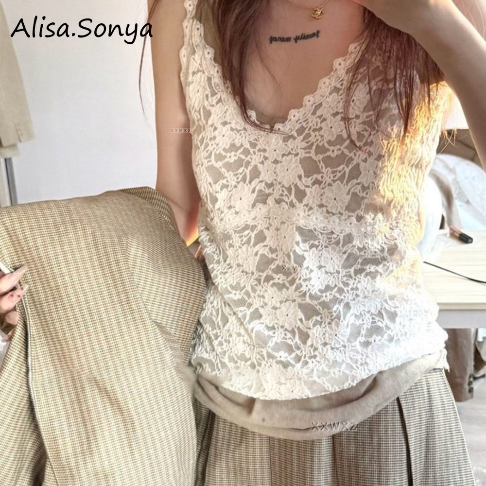 Alisa.Sonya เสื้อกล้ามลูกไม้ สไตล์เกาหลี ผ้าบาง ซีทรู ใส่ซ้อน 24AS1252